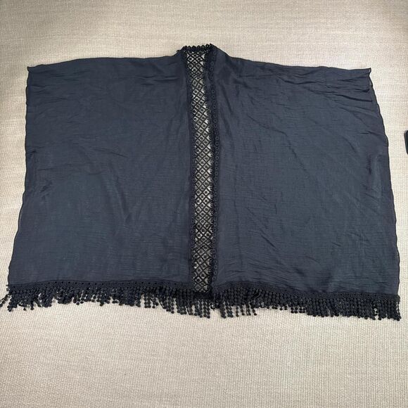 Black Fairy Goth Crochet Lace Trim Kimono Robe Cover up Shawl w/ Fringe One Size - Picture 8 of 8